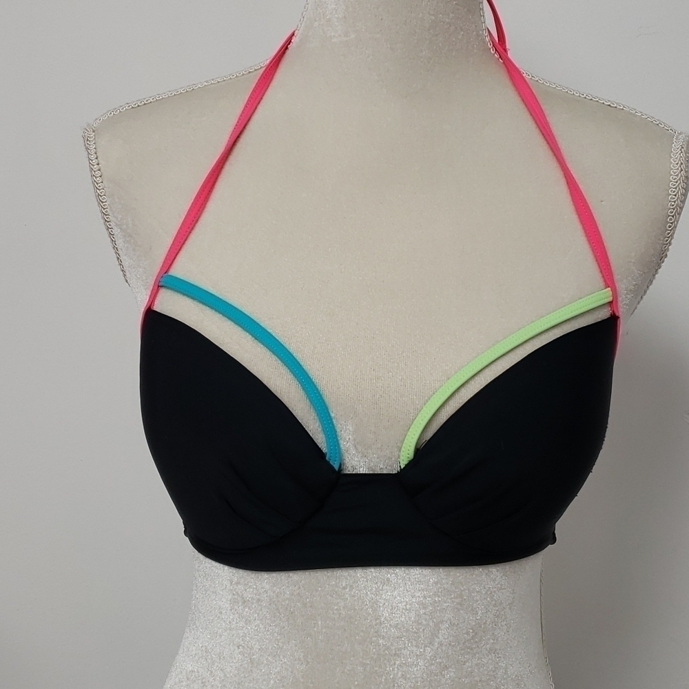 Rue Bleu Bikini Padded Top Med. Black & Multi Approx B Cup EUC